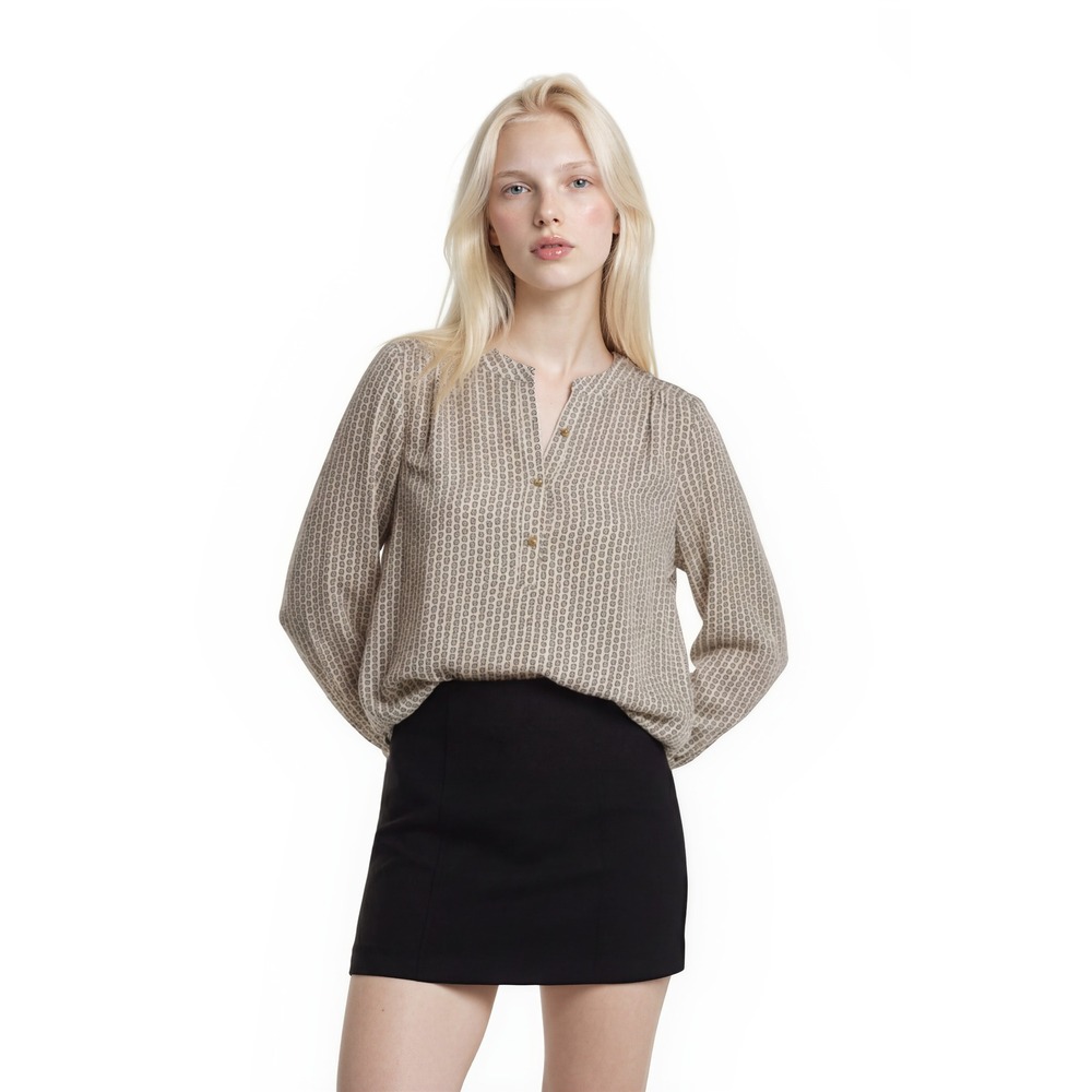 Ann Taylor Blouse Women's Size Large Gold Cream Chain Link Print Split Neck Top